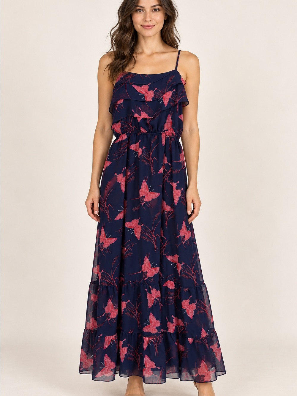 Express Small Navy Pink Butterfly Print Maxi Dress Ruffle Bodice Tiered Skirt